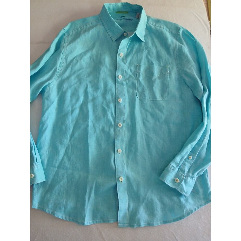 Tommy Bahama Men's Aqua Blue Long Sleeve Button-Down Shirt Size Large 100% Linen